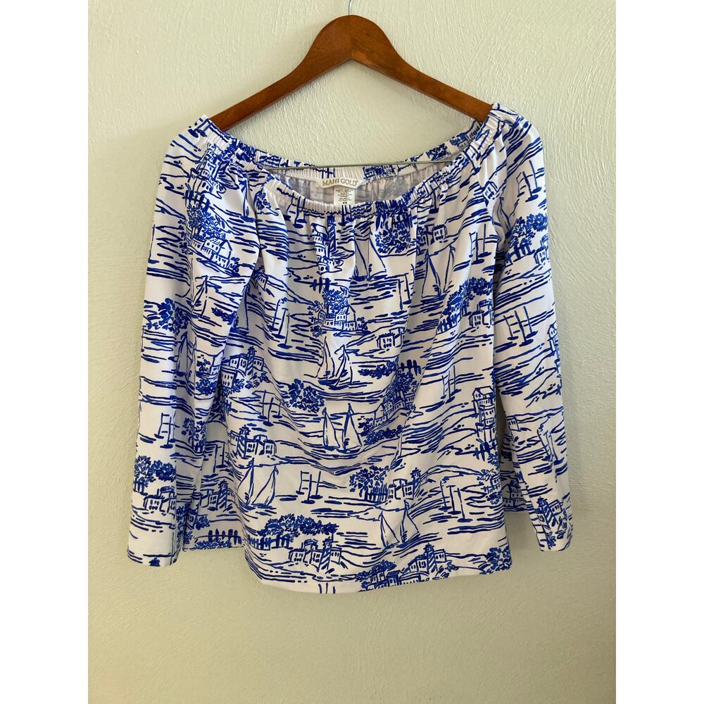 Mahi Gold Set Sail Sailor Margarita Blue Sailing Print Top XS - Picture 2 of 6